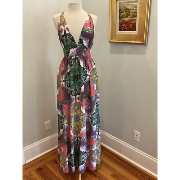Yumi Kim Enchanted Silk Maxi Dress‎ Mosaic Print Back Cutout Detail Size Medium - Picture 2 of 11